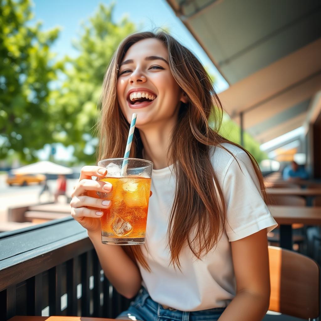 A girl enjoying a cold drink, sitting outdoors at a sunny cafe terrace