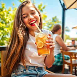 A girl enjoying a cold drink, sitting outdoors at a sunny cafe terrace