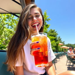 A girl enjoying a cold drink, sitting outdoors at a sunny cafe terrace
