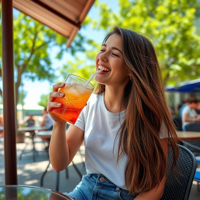 A girl enjoying a cold drink, sitting outdoors at a sunny cafe terrace