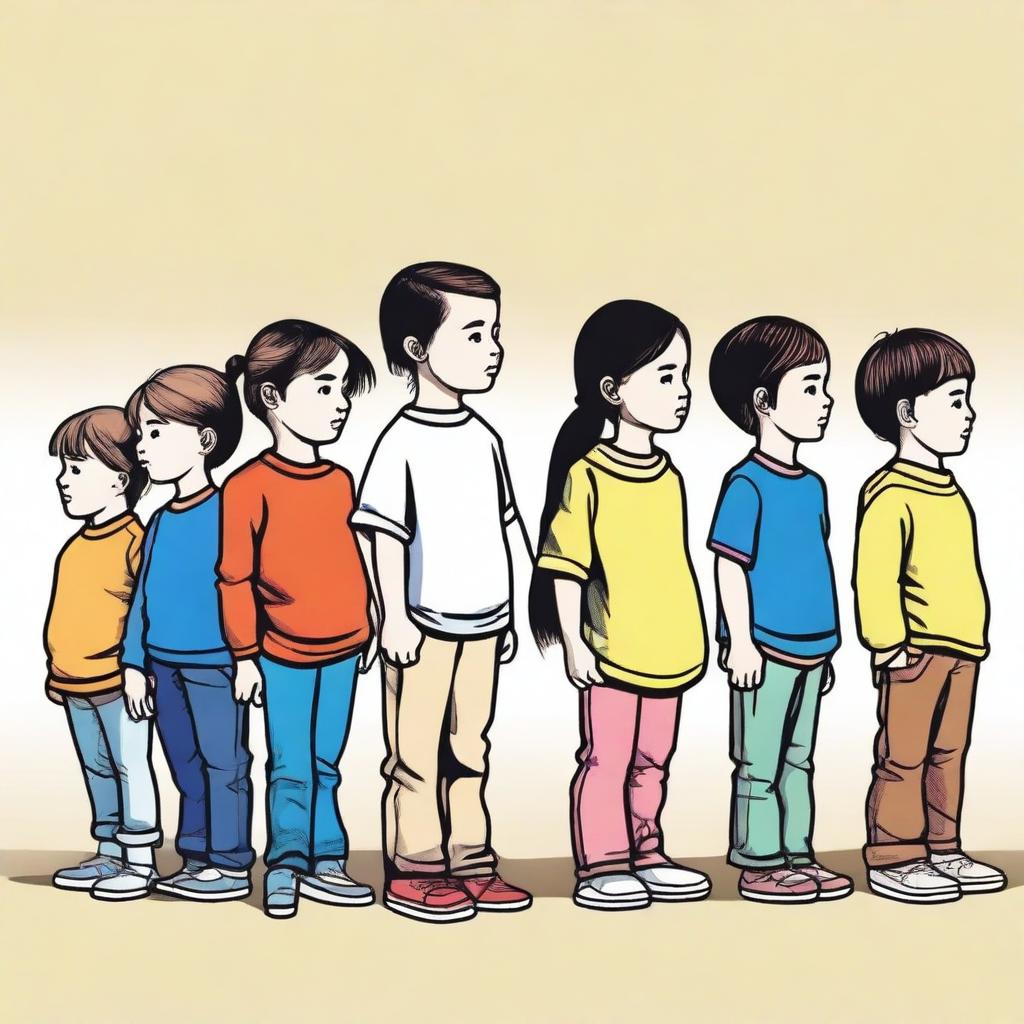 This is a superior quality vector image depicting a line of children standing in a side pose