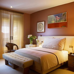 A beautifully designed bedroom with a comfortable bed, tastefully chosen furniture, soft lighting, and color-coordinated decorations creating a warm and welcoming atmosphere