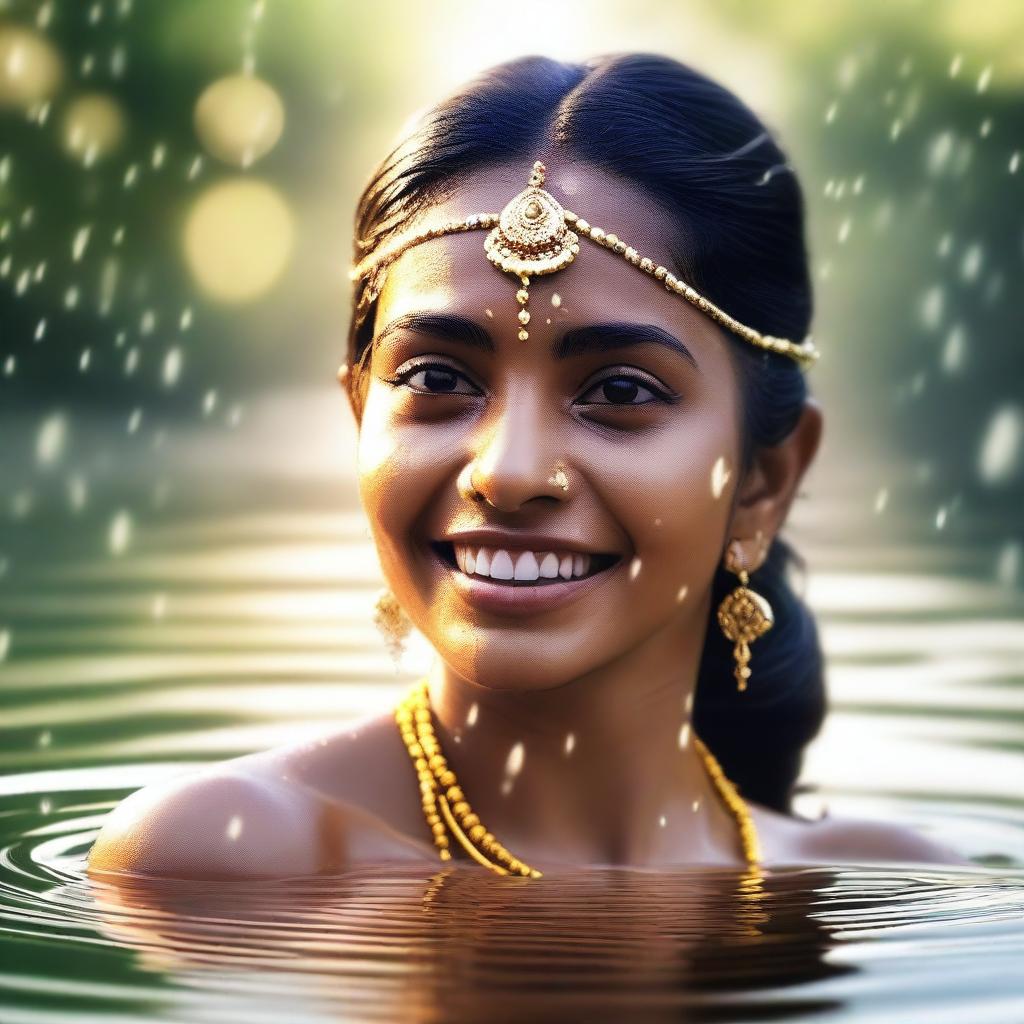 An image of a young Indian woman joyously splashing in a body of water