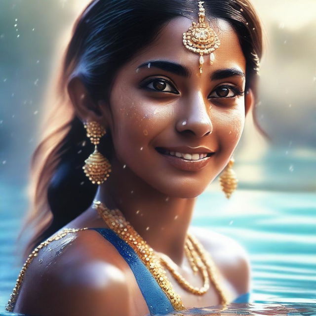 An image of a young Indian woman joyously splashing in a body of water