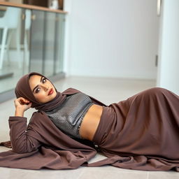 A confident woman wearing a stylish hijab is elegantly reclined on the floor in a side view