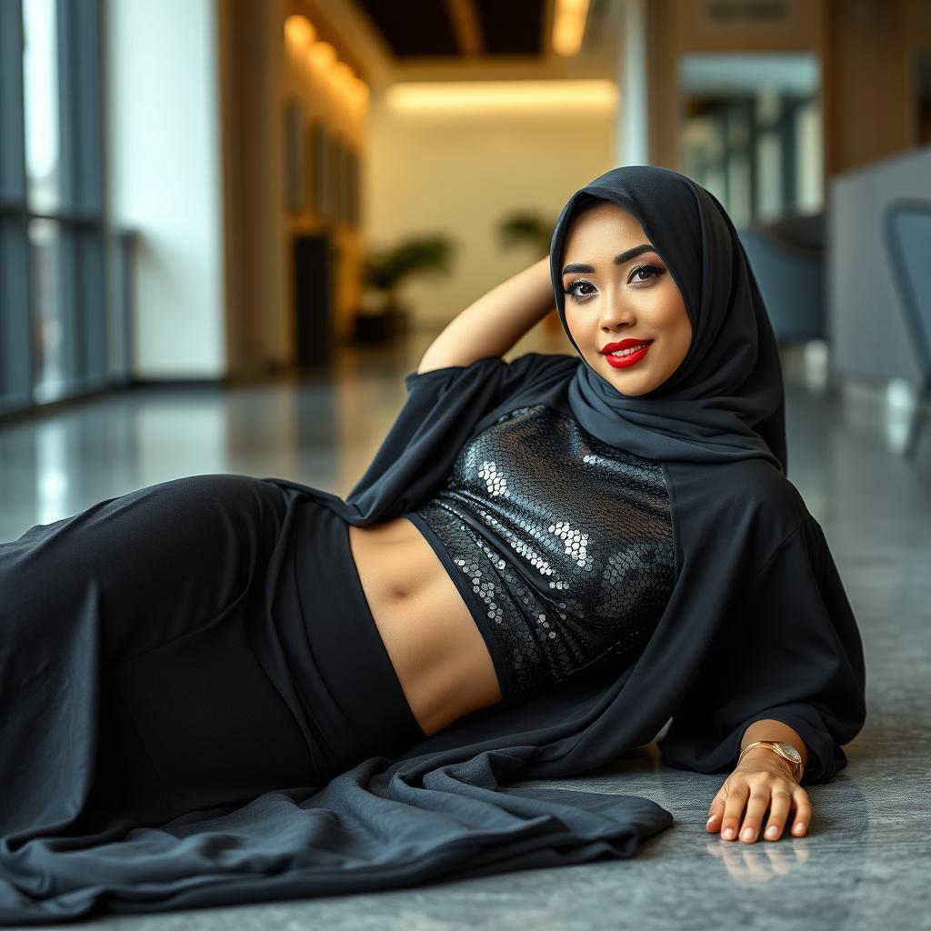 A confident woman wearing a stylish hijab is elegantly reclined on the floor in a side view