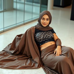 A confident woman wearing a stylish hijab is elegantly reclined on the floor in a side view
