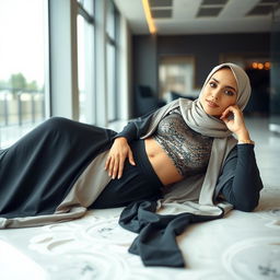 A confident woman wearing a stylish hijab is elegantly reclined on the floor in a side view