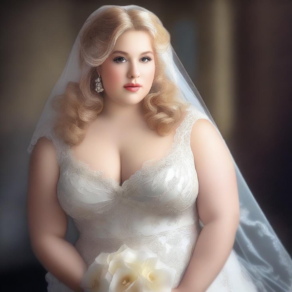 This digital art image portrays a plus-size bride, exhibiting a blend of elegance and sensuality