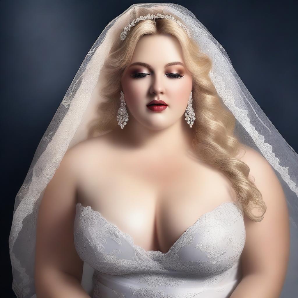 A high-quality digital art image depicts a plus-size bride in a daring and sensual pose