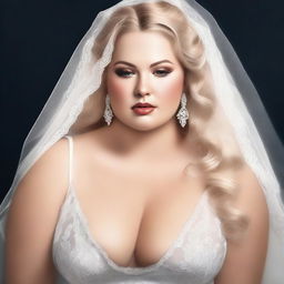 A high-quality digital art image depicts a plus-size bride in a daring and sensual pose