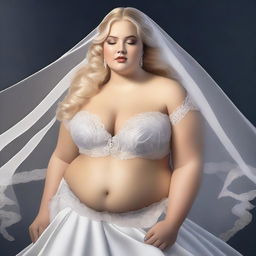 A high-quality digital art image depicts a plus-size bride in a daring and sensual pose