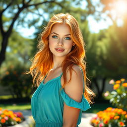 A captivating young woman with striking orange hair and bright blue eyes, standing in a vibrant outdoor setting