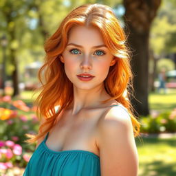 A captivating young woman with striking orange hair and bright blue eyes, standing in a vibrant outdoor setting