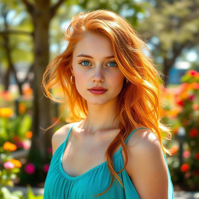 A captivating young woman with striking orange hair and bright blue eyes, standing in a vibrant outdoor setting