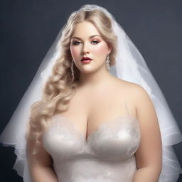 A high-quality digital art image depicts a plus-size bride in a daring and sensual pose