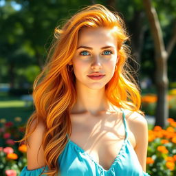 A captivating young woman with striking orange hair and bright blue eyes, standing in a vibrant outdoor setting