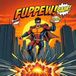 A dynamic superhero in mid-action pose, wearing a sleek, modern costume with vibrant colors, showcasing a muscular physique