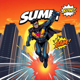 A dynamic superhero in mid-action pose, wearing a sleek, modern costume with vibrant colors, showcasing a muscular physique