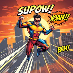 A dynamic superhero in mid-action pose, wearing a sleek, modern costume with vibrant colors, showcasing a muscular physique