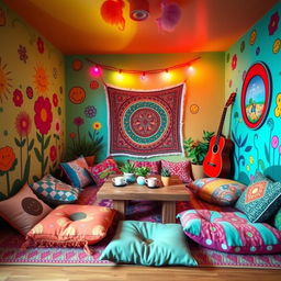 A hippie room designed in the whimsical and colorful style of the game IncredyBox, showcasing a bright and vibrant environment filled with peace and love