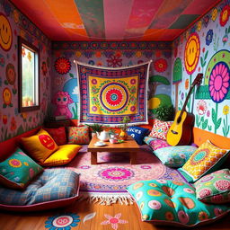 A hippie room designed in the whimsical and colorful style of the game IncredyBox, showcasing a bright and vibrant environment filled with peace and love