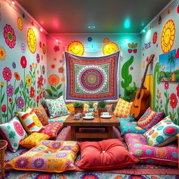 A hippie room designed in the whimsical and colorful style of the game IncredyBox, showcasing a bright and vibrant environment filled with peace and love