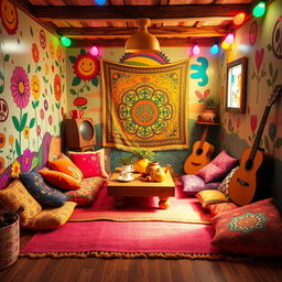 A hippie room designed in the whimsical and colorful style of the game IncredyBox, showcasing a bright and vibrant environment filled with peace and love