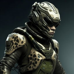 male in futuristic leopard-concept combat gear 