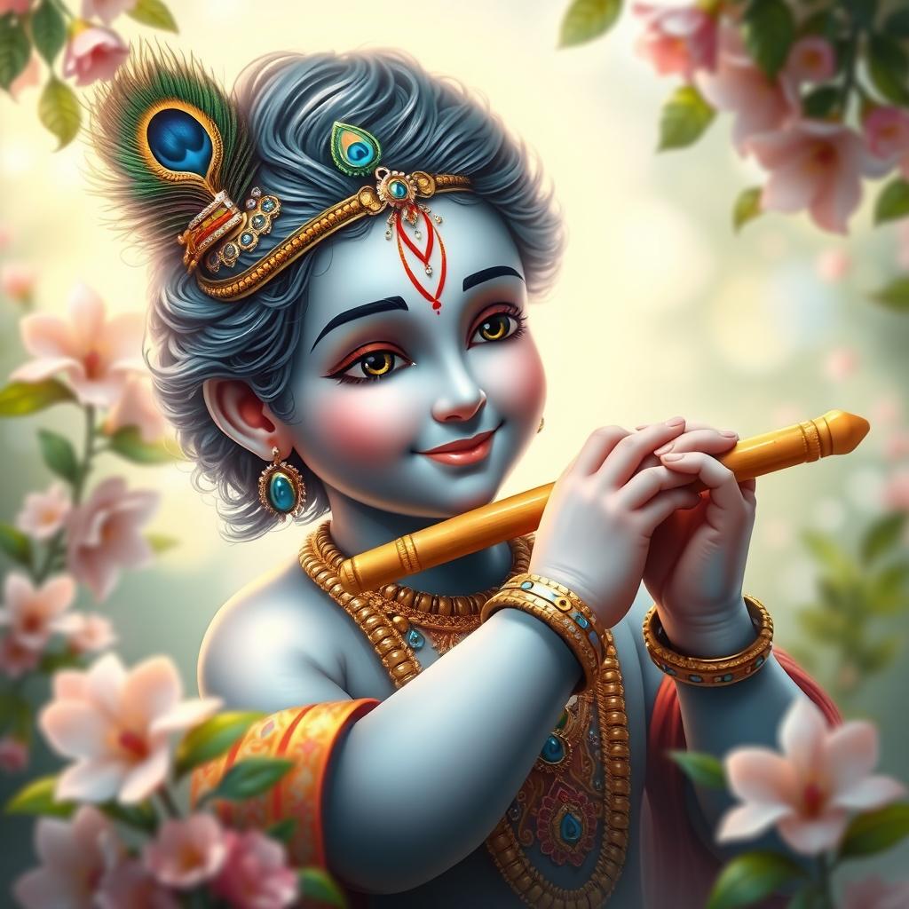 A serene and divine portrait of Lord Krishna, depicted as a young man with a captivating smile, adorned with elaborate, colorful attire featuring shades of blue and gold