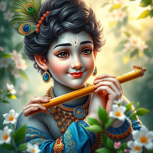 A serene and divine portrait of Lord Krishna, depicted as a young man with a captivating smile, adorned with elaborate, colorful attire featuring shades of blue and gold