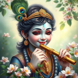 A serene and divine portrait of Lord Krishna, depicted as a young man with a captivating smile, adorned with elaborate, colorful attire featuring shades of blue and gold