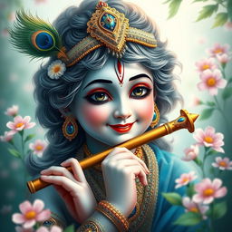 A serene and divine portrait of Lord Krishna, depicted as a young man with a captivating smile, adorned with elaborate, colorful attire featuring shades of blue and gold