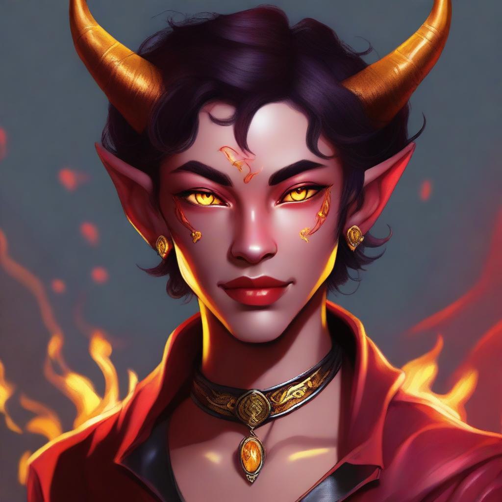 A high-quality digital art of a teenaged, non-binary Tiefling