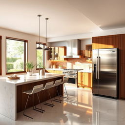 A stunning modern kitchen featuring a sleek, stainless steel refrigerator