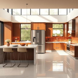 A stunning modern kitchen featuring a sleek, stainless steel refrigerator