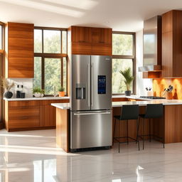 A stunning modern kitchen featuring a sleek, stainless steel refrigerator