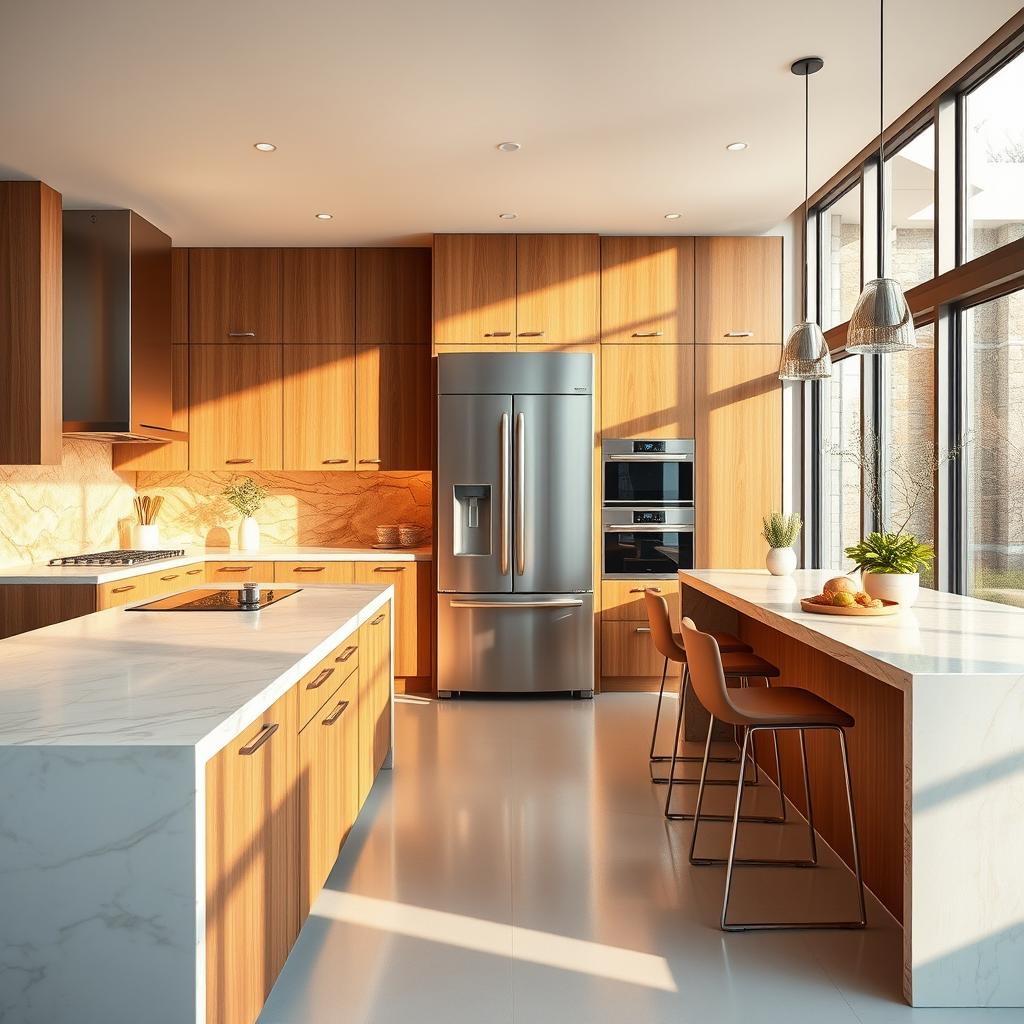 A stunning modern kitchen featuring a sleek, stainless steel refrigerator