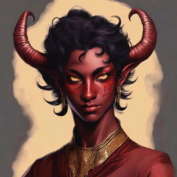 A high-quality digital art piece depicting a non-binary Tiefling