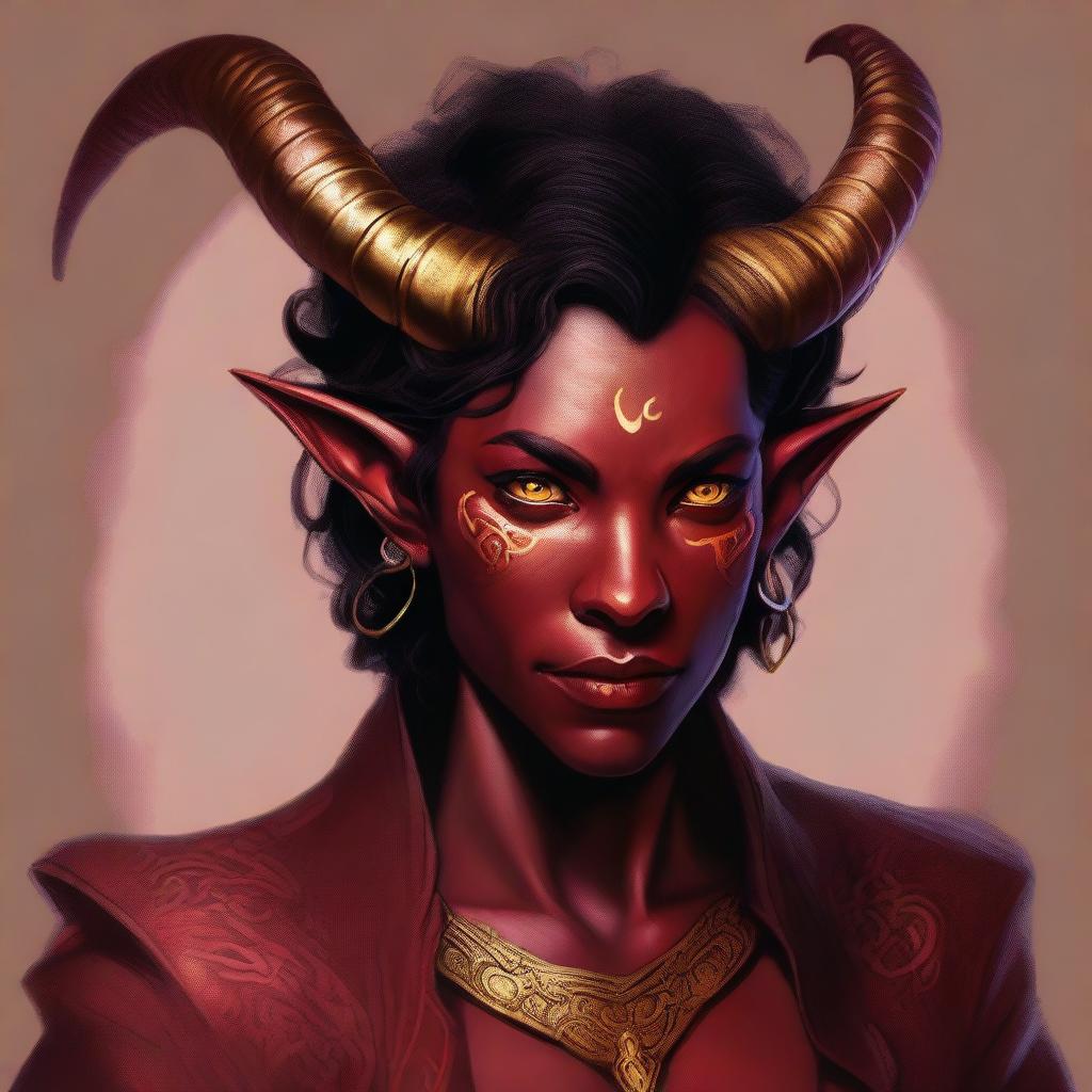 A high-quality digital art piece depicting a non-binary Tiefling