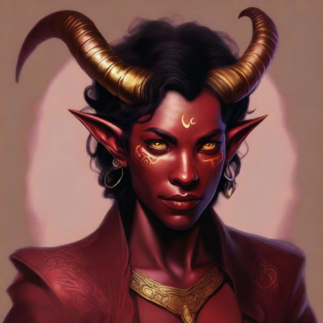 A high-quality digital art piece depicting a non-binary Tiefling