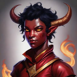 A high-quality digital art piece depicting a non-binary Tiefling