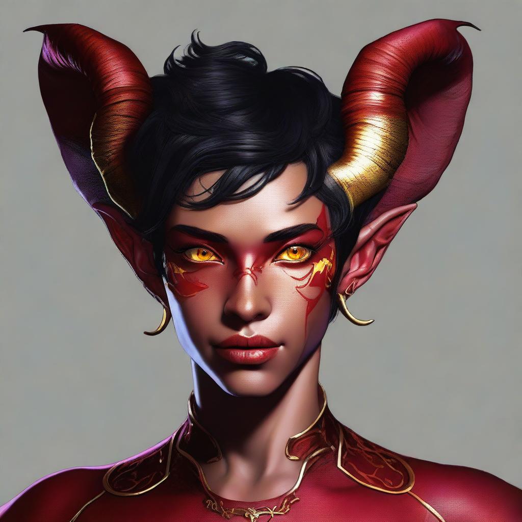 An exquisite digital art of a non-binary Tiefling with cherry red skin, short black hair, and mesmerizing golden eyes