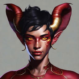 An exquisite digital art of a non-binary Tiefling with cherry red skin, short black hair, and mesmerizing golden eyes