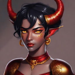 An exquisite digital art of a non-binary Tiefling with cherry red skin, short black hair, and mesmerizing golden eyes