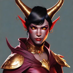 An exquisite digital art of a non-binary Tiefling with cherry red skin, short black hair, and mesmerizing golden eyes