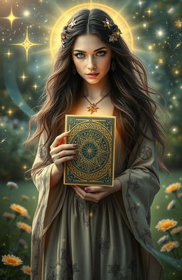 A mystical woman, embodying the essence of esotericism, surrounded by a celestial atmosphere