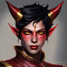 An exquisite digital art of a non-binary Tiefling with cherry red skin, short black hair, and mesmerizing golden eyes