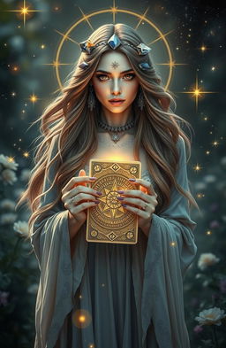 A mystical woman, embodying the essence of esotericism, surrounded by a celestial atmosphere