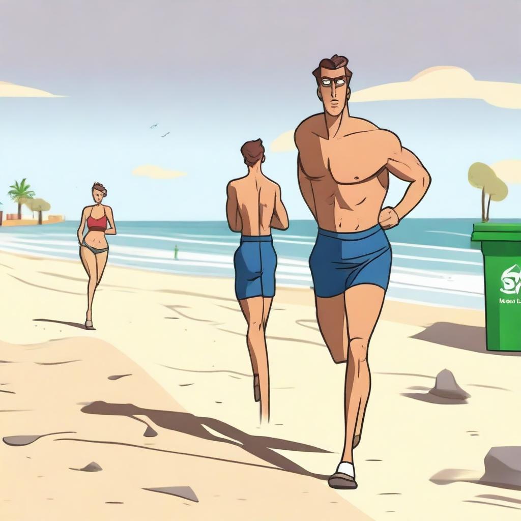 A high-quality digital animation featuring a man jogging along a sandy beach